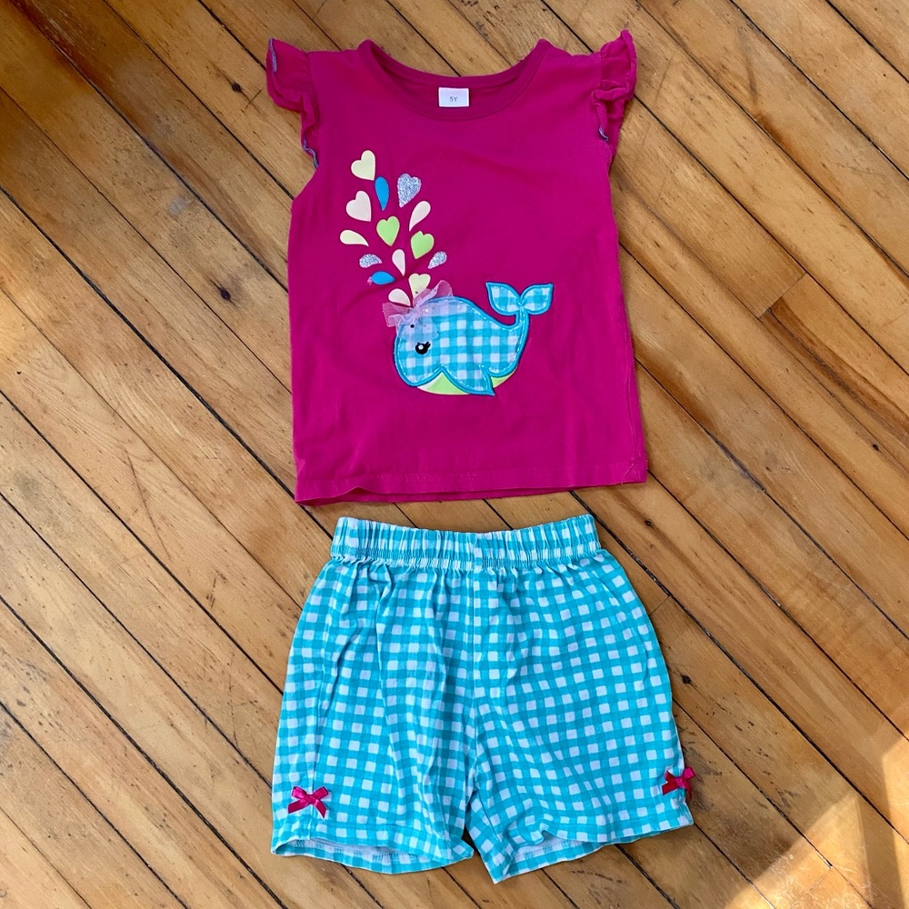 Girl’s Size 5 Pink Whale Blue Gingham Matching Set Outfit Summer Nautical
